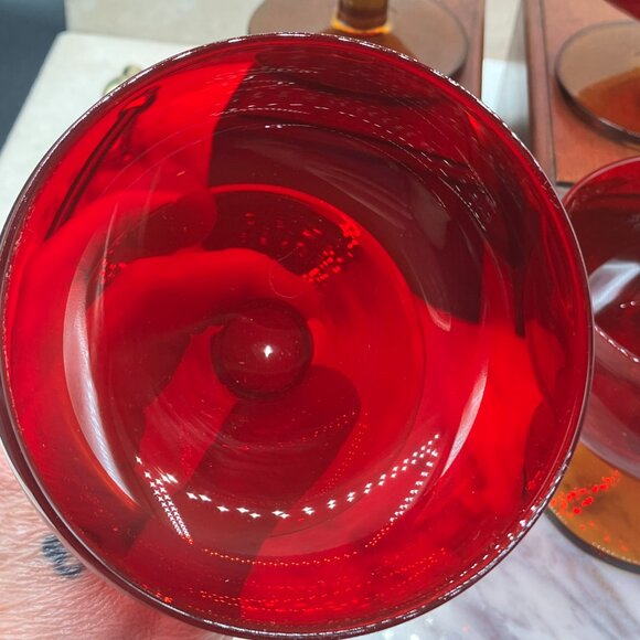 Vintage MCM Block Crystal Ruby And Amber Brandy Glasses With Cadmium Glow 1960's - Picture 12 of 17